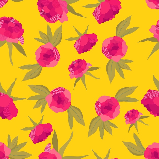 Trendy pink peonies are a seamless floral pattern Mustardyellow background