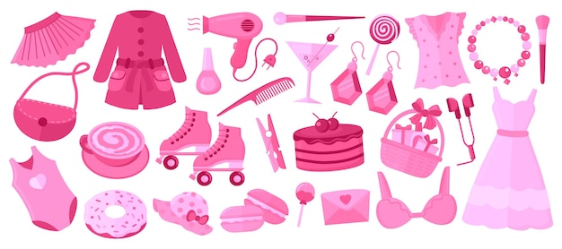 Trendy pinkcore barbiecore elementen set jaren 2000 Roze kleuren kledingaccessoires en snoep en drankjes