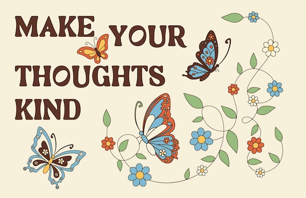 trendy poster in retro style charming groovy poster with beautiful butterflies branches of