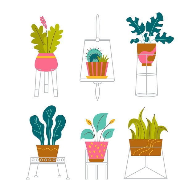 Trendy potted plants and flowers Various houseplants in stands Flat set vector illustration