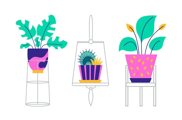 Vector trendy potted plants and flowers various houseplants in stands flat set vector illustration