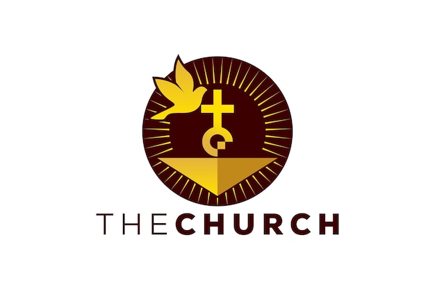 トレンディとプロフェッショナルな文字 E 教会のサイン クリスチャンと平和的なベクトルロゴ
