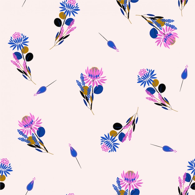 Trendy Protea flowers seamless pattern florals and plants. Decorative design elements. Random repeat design for fashion fabric, wallpaper, and all prints