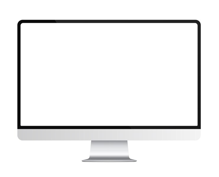 Trendy realistische dunne frame zilveren monitor mock-up met leeg wit scherm geïsoleerd