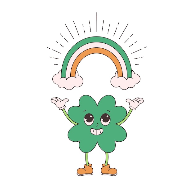 Trendy retro cartoon character clover with four leaf and rainbow. Happy Saint Patrick's Day. Groovy