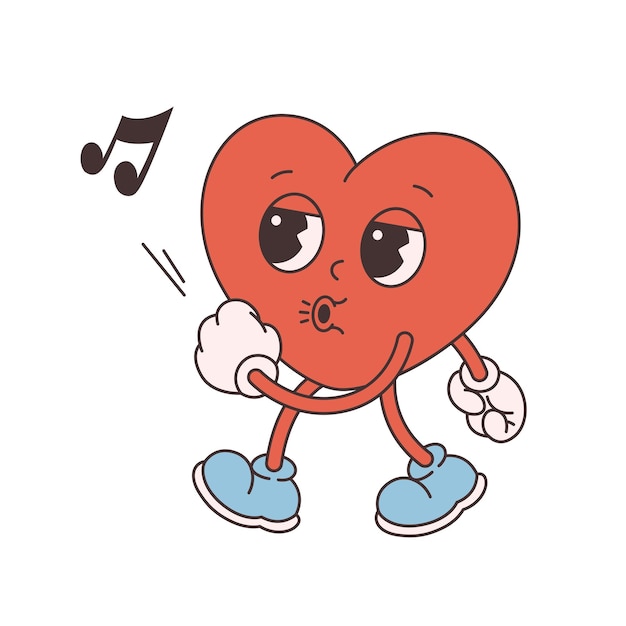 Trendy retro cartoon heart character. Groovy style, vintage, 70s 60s aesthetics. Valentines day