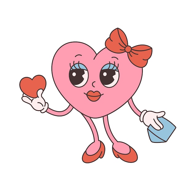 Trendy retro cartoon heart character. Groovy style, vintage, 70s 60s aesthetics. Valentines day.