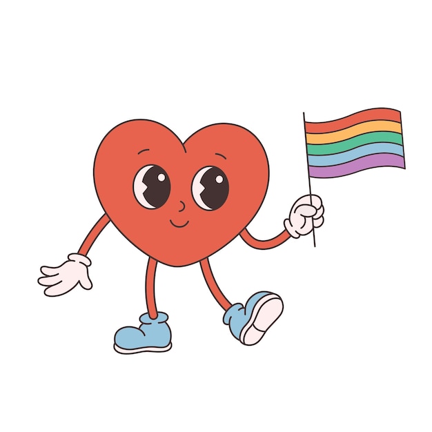 Trendy retro cartoon heart character. Groovy, vintage, 70s 60s style. Valentines day, LGBTQ flag