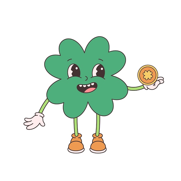 Trendy retro cartoon karakter klaver met vier blad en gouden munt. Fijne Sint Patrick's Day