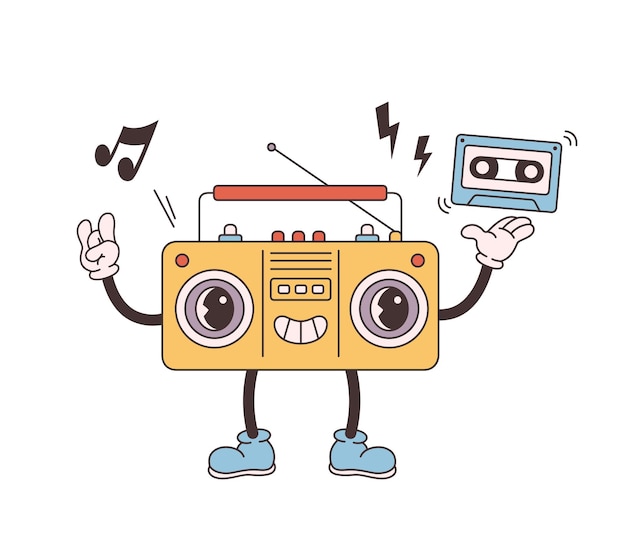 Trendy retro cartoon Radio character. Cassette player. World Radio Day. Groovy style, vintage