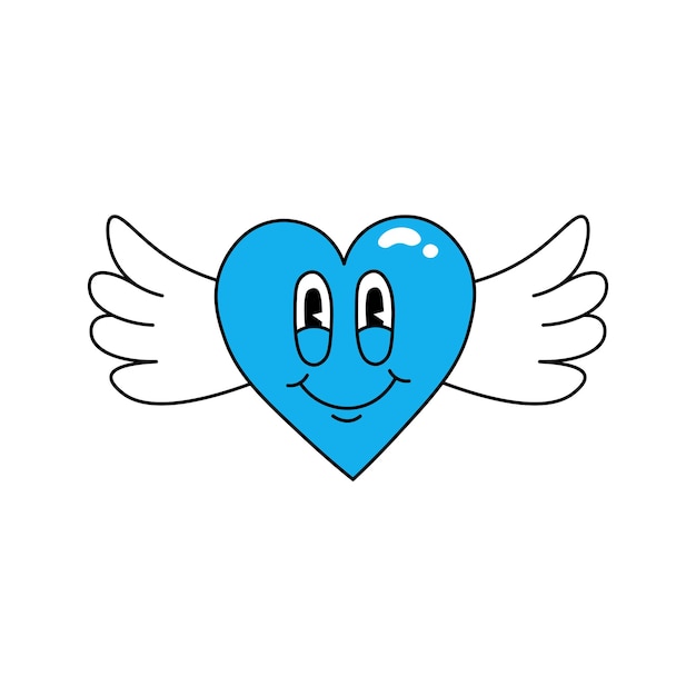 Trendy retro cartoon stickers blauw hart met vleugels