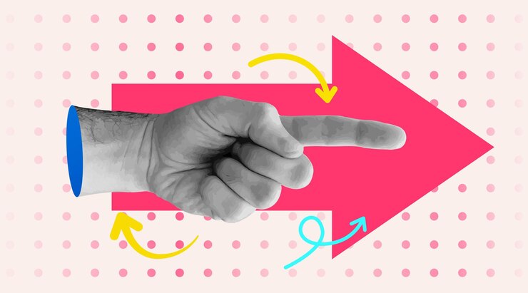 Vector trendy retro collage hand pointing finger and forward arrow business success and startup development