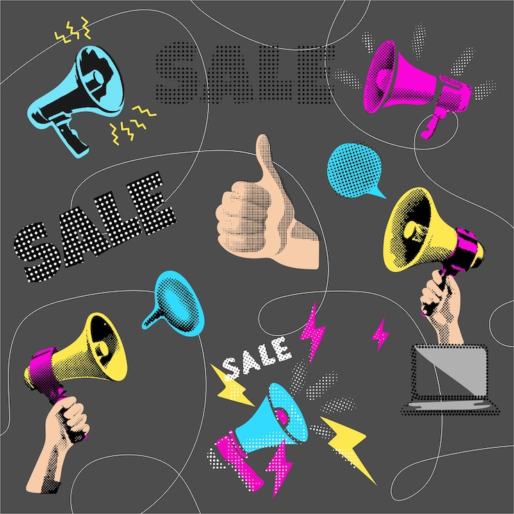 Vector trendy retro collage with megaphone laptop hand and sale message promotional clip art with loudspeak