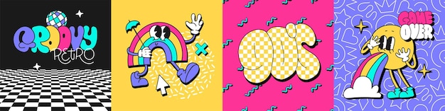 Poster quadrati alla moda per feste retrò con simboli di toons arcobaleno caratteri emoji scritte s e