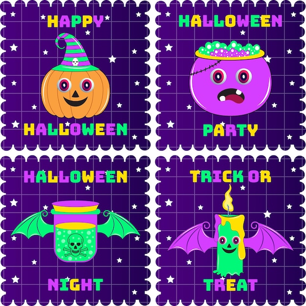 Trendy retro-stijl halloween-personagestickerpakket. halloween-insignes, etiket, stempel en verzendkosten.