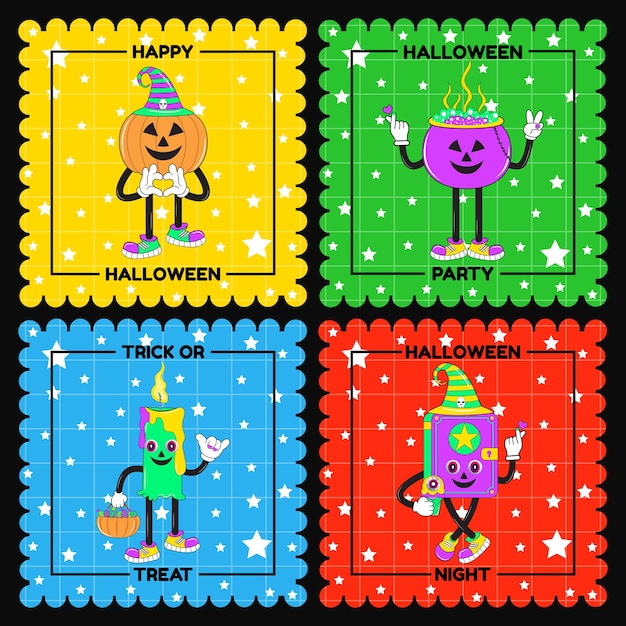 Trendy retro style Halloween character sticker pack. Halloween Badges, Label, Stamp and Postage.