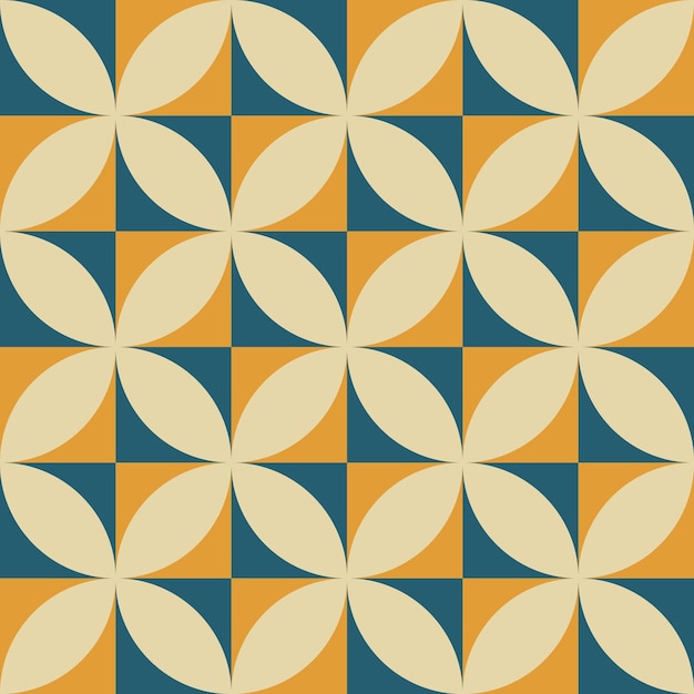 베이지색 배경에 노란색과 파란색 형태가 있는 트렌디한 복고풍 벡터 기하학적 매끄러운 패턴