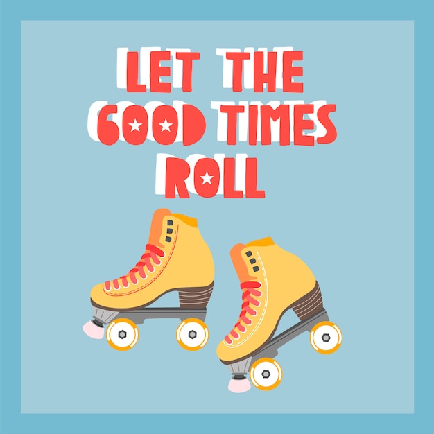 Vector trendy roller skate blue poster, card template.