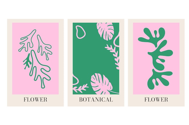 Trendy roze en groene handgetekende posterset Botanische poster