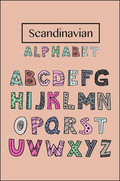 Alfabeto scandinavo alla moda nel vettore. abc scritta a mano. design tipografico nordico per poster, striscioni, stampe, decorazioni per la stanza dei giochi dei bambini o biglietti di auguri. set di lettere educative carine.