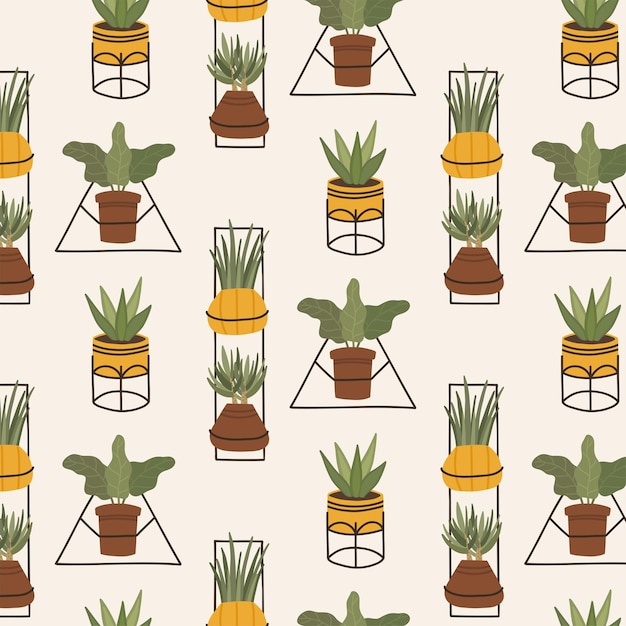 Trendy scandinavian boho seamless pattern with potted plants for textiles postcards posters