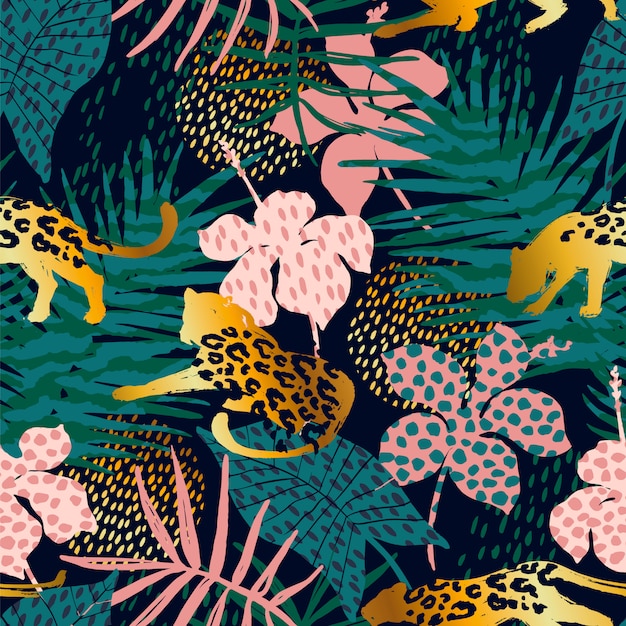 Trendy seamless exotic pattern with palm and leopards