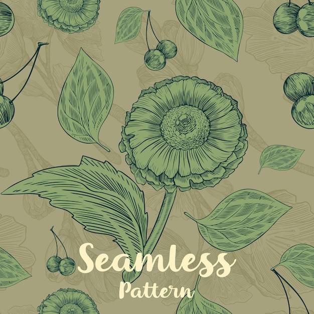 Trendy seamless floral pattern with flowers, leaves and cherry's