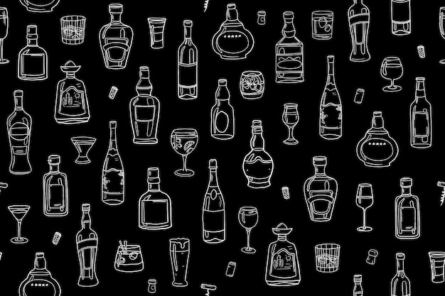 Moderno disegno senza cuciture di bottiglie e bicchieri di alcol bevande alcoliche isolate su sfondo nero