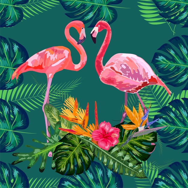 Trendy seamless pattern pink flamingo birds couple bright camelia flowers tropical monstera green leaves