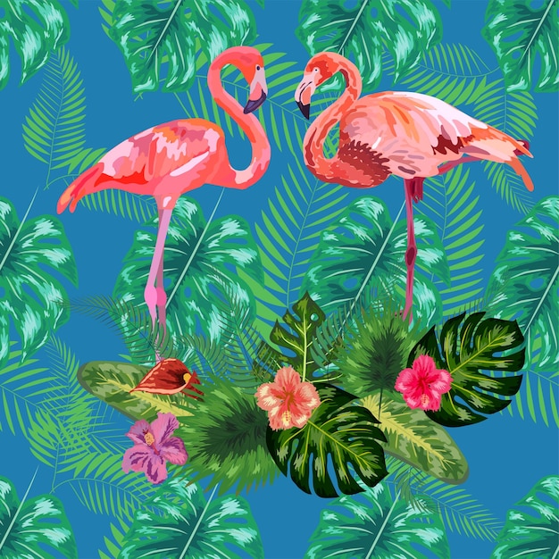 Trendy seamless pattern pink flamingo birds couple Bright camelia flowers Tropical monstera green leaves