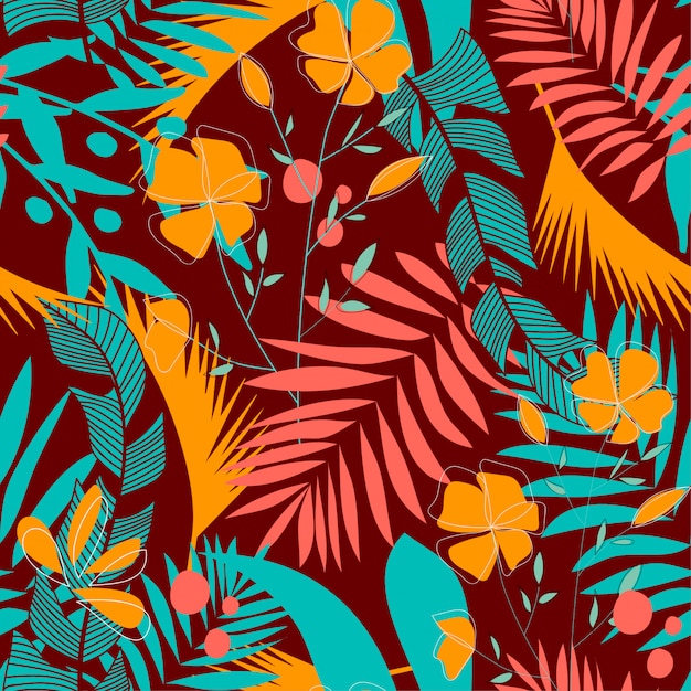 Trendy seamless pattern with colorful tropical leaves and flowers