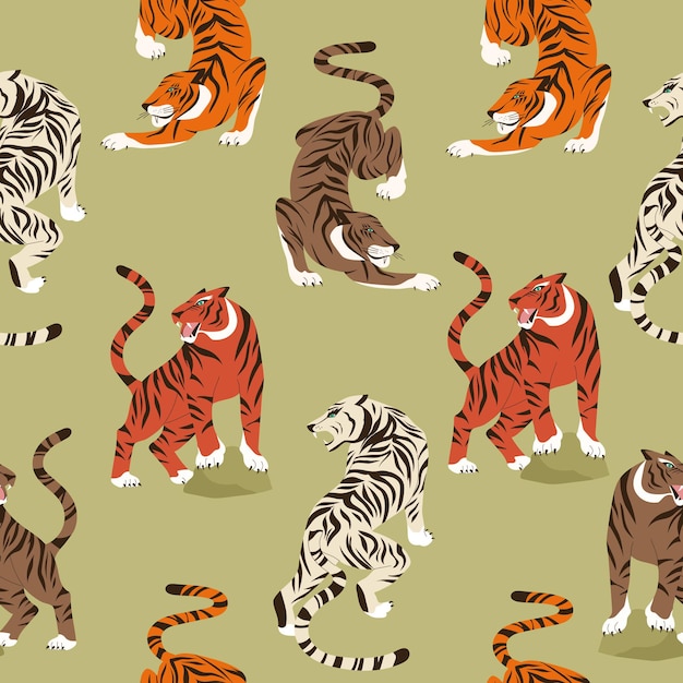 Vector trendy seamless pattern with colourful tiger in asian style. modern animal background. abstract hunting tiger. chineese 2022 year sign. year of the tiger 2022 japanese new year card.