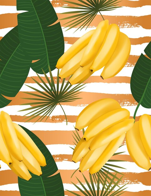 Модный бесшовный образец с реалистичной банановой гроздью и тропическими листьями, реалистичная векторная иллюстрация