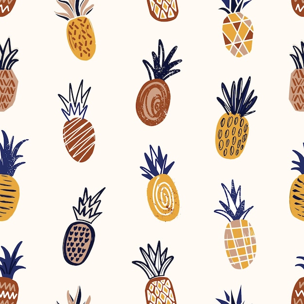Vector trendy seamless pattern with textured pineapples on light background