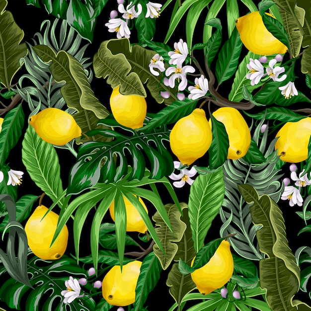 Modello senza cuciture alla moda con limoni e foglie tropicali.