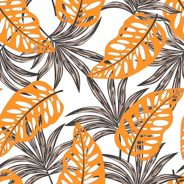 Trendy seamless tropical pattern with bright colorful plants and leaves on a white background