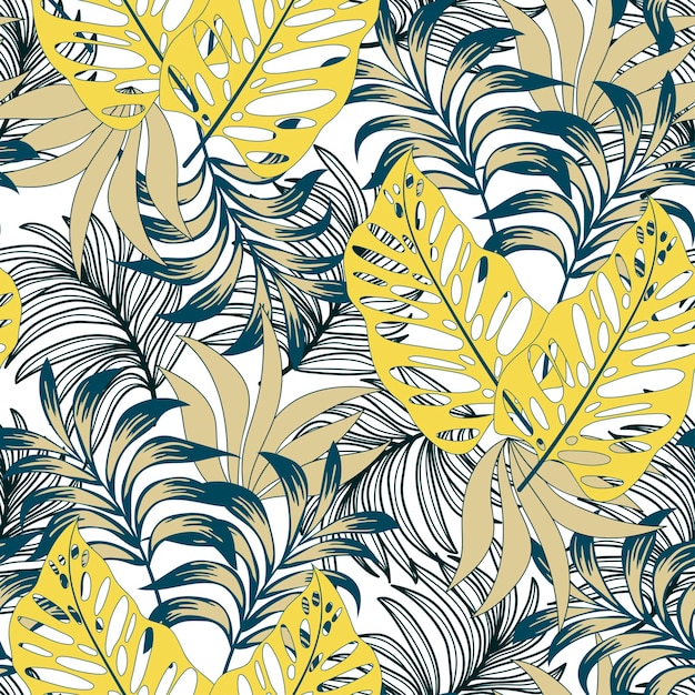 Trendy seamless tropical pattern with bright plants and leaves on a white background