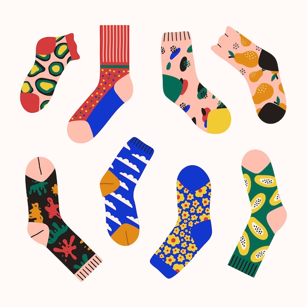 Trendy set of colored bright socks isolated on white background Socks with abstract patterns