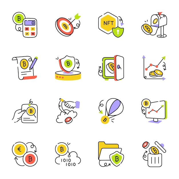 trendy set of crypto trade hand drawn icons