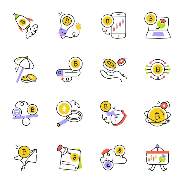 Trendy set of crypto trade hand drawn icons