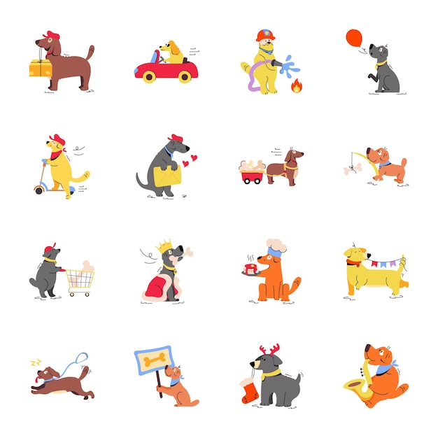 Trendy Set of Cute Dogs Flat Illustrations