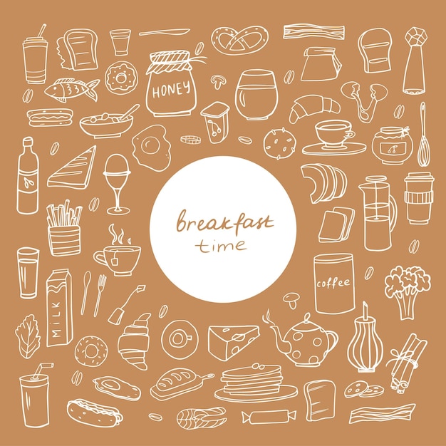 Trendy set of healthy food and fast food ingredients with lettering in vector eps10 doodle style