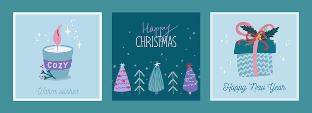 Trendy set kerst- en nieuwjaarskaarten met handgetekende illustraties van kerstsymbolen