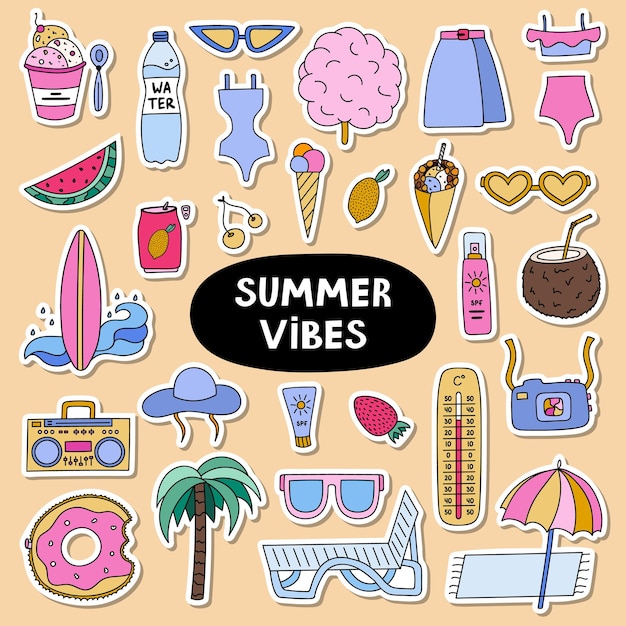 Trendy set of stickers about summer holiday tropical beach hot summer rest for planners Ready for print list of stickers Hand drawn vector vacation set with seasonal drinks entertainment outfit