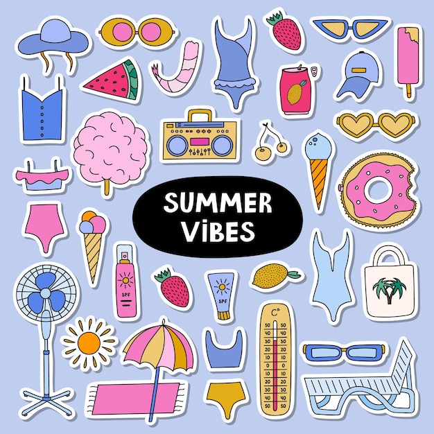 Trendy set of stickers about summer holiday tropical beach hot summer rest for planners ready for print list of stickers hand drawn vector vacation set with seasonal drinks entertainment outfit