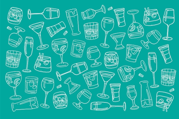 Модный набор с алкогольными напитками в стиле doodle Отличный для декорации интерьера печать плакатов баннер