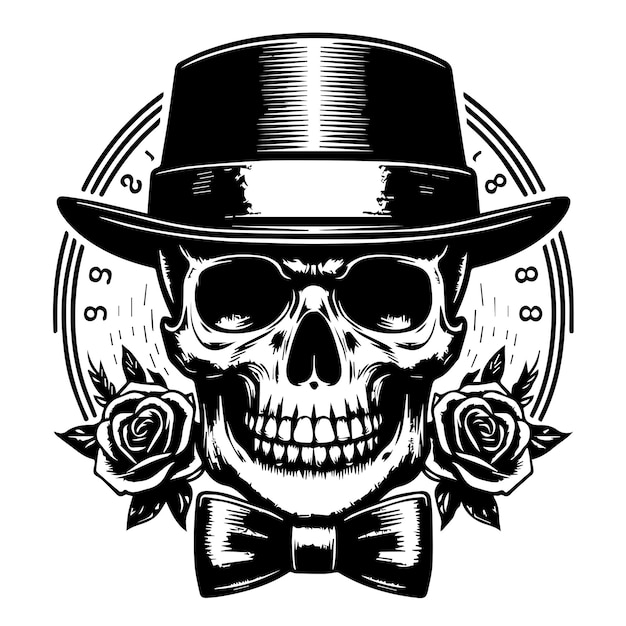 Vector trendy skull monochrome gentleman with hat vector