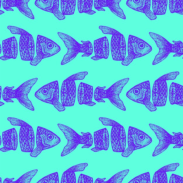 Trendy Sliced Fish Seamless Pattern. Vector Illustration of Tattoo Hand Drawn Sketch.