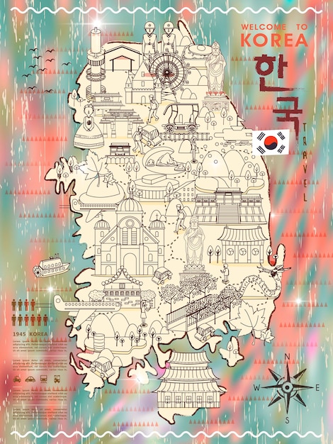 Trendy south korea travel map with abundant attractions - korea in korean words on upper right