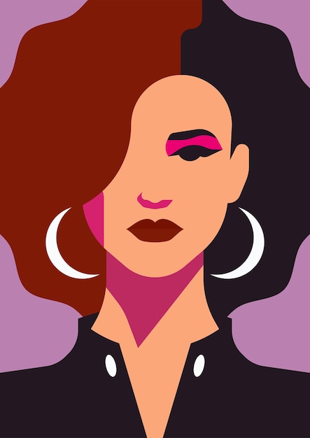 Trendy sterke mode vrouw gezicht popart portret paarse make-up poster t-shirt print vector plat